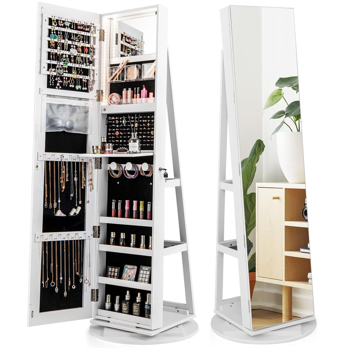 360° Rotating Mirrored Jewelry Cabinet Armoire 3 Color LED Modes Lockable-White view 4