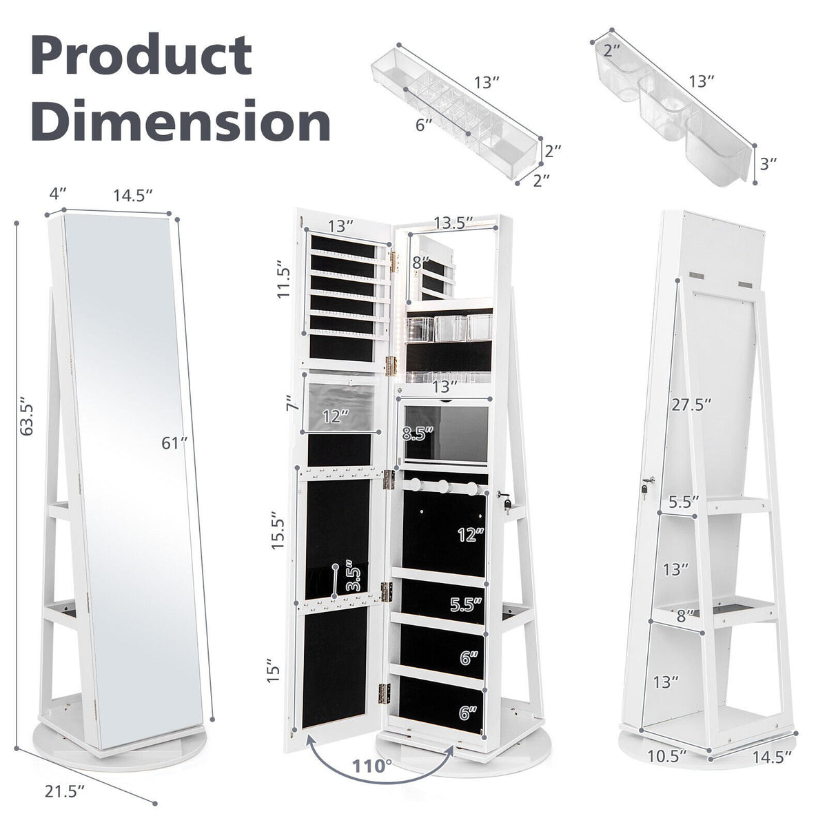 360° Rotating Mirrored Jewelry Cabinet Armoire 3 Color LED Modes Lockable-White view 5