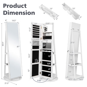 360° Rotating Mirrored Jewelry Cabinet Armoire 3 Color LED Modes Lockable-White view 5