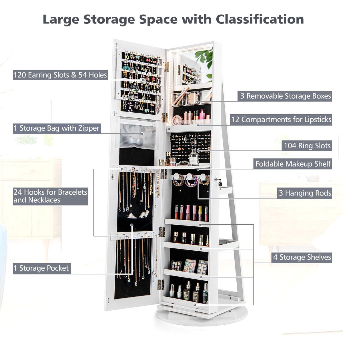 360° Rotating Mirrored Jewelry Cabinet Armoire 3 Color LED Modes Lockable-White view 7
