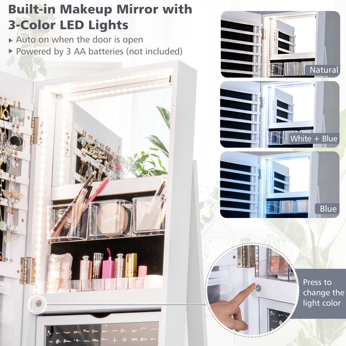 360° Rotating Mirrored Jewelry Cabinet Armoire 3 Color LED Modes Lockable-White view 8