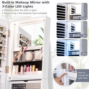 360° Rotating Mirrored Jewelry Cabinet Armoire 3 Color LED Modes Lockable-White view 8