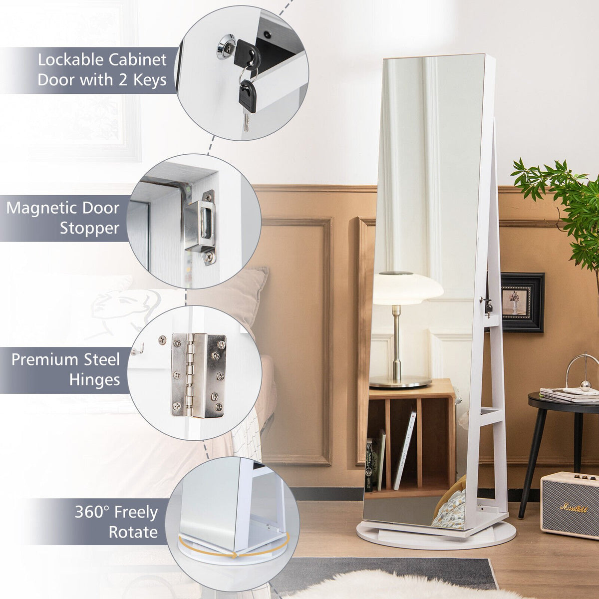 360° Rotating Mirrored Jewelry Cabinet Armoire 3 Color LED Modes Lockable-White view 9