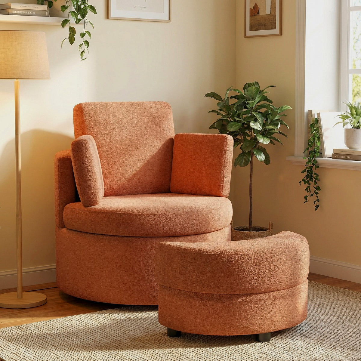 360° Swivel Accent Chair with Half Moon Storage Ottoman-Light Brown view 5