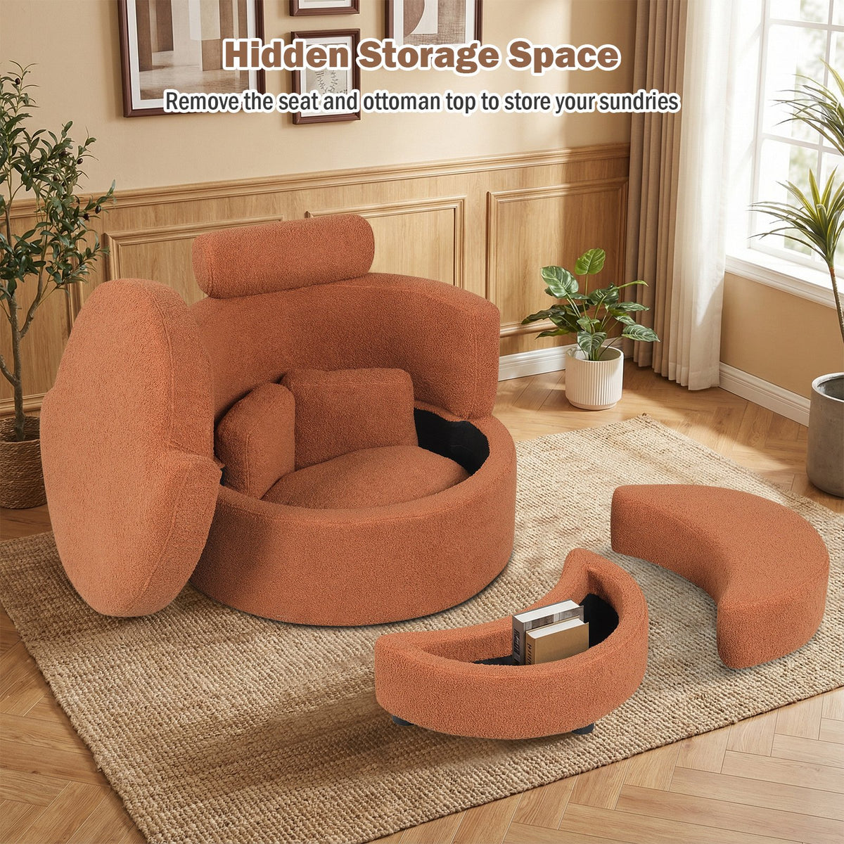 360° Swivel Accent Chair with Half Moon Storage Ottoman-Light Brown view 9