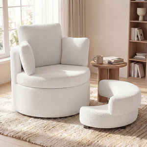 360° Swivel Accent Chair with Half Moon Storage Ottoman-White view 3
