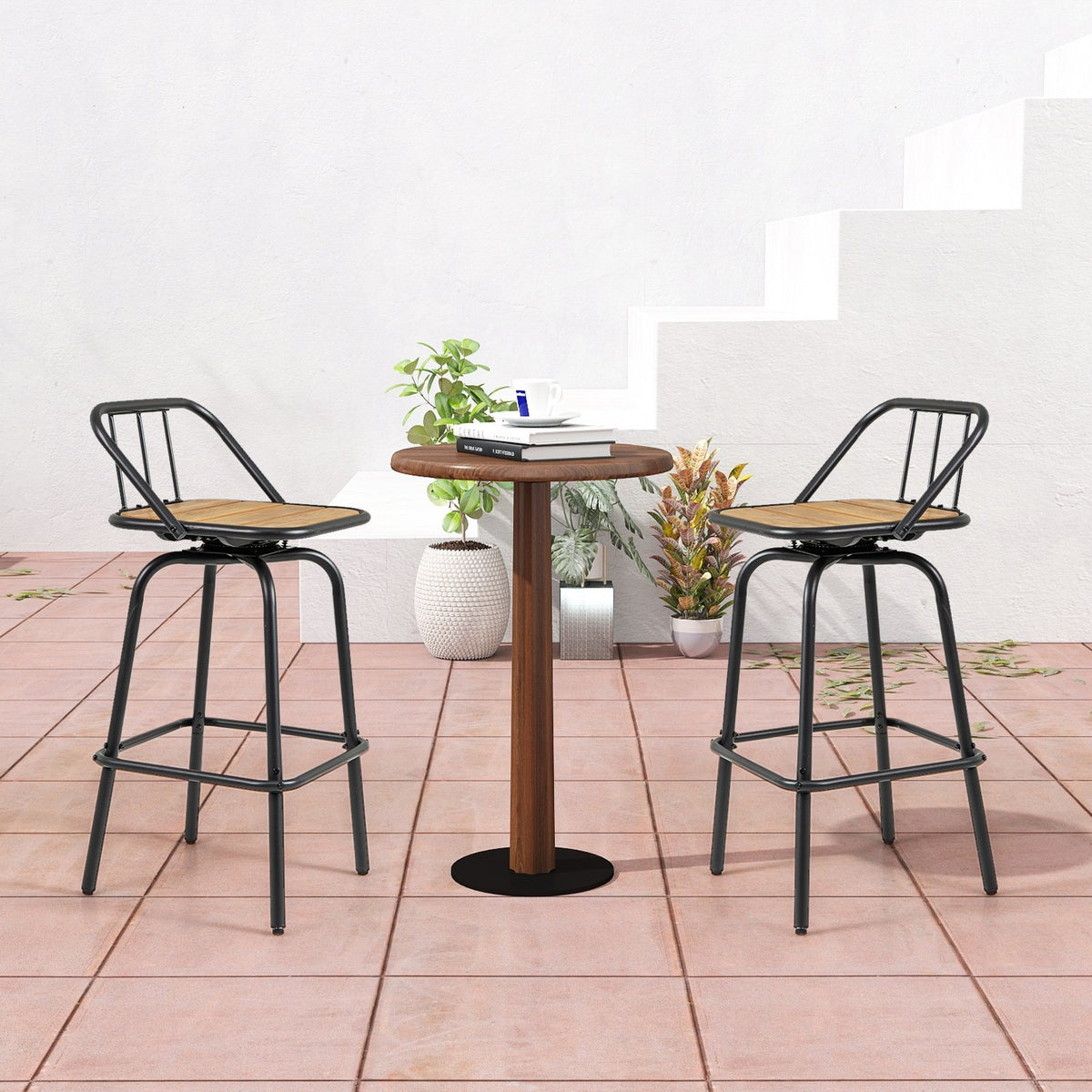 360° Swivel Bar Stool Set of 2 with Footrest and Backrest-Balck & Natural view 3