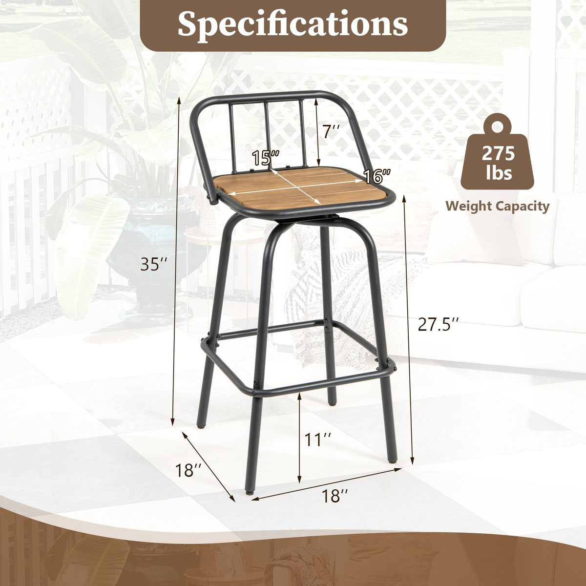 360° Swivel Bar Stool Set of 2 with Footrest and Backrest-Balck & Natural view 4