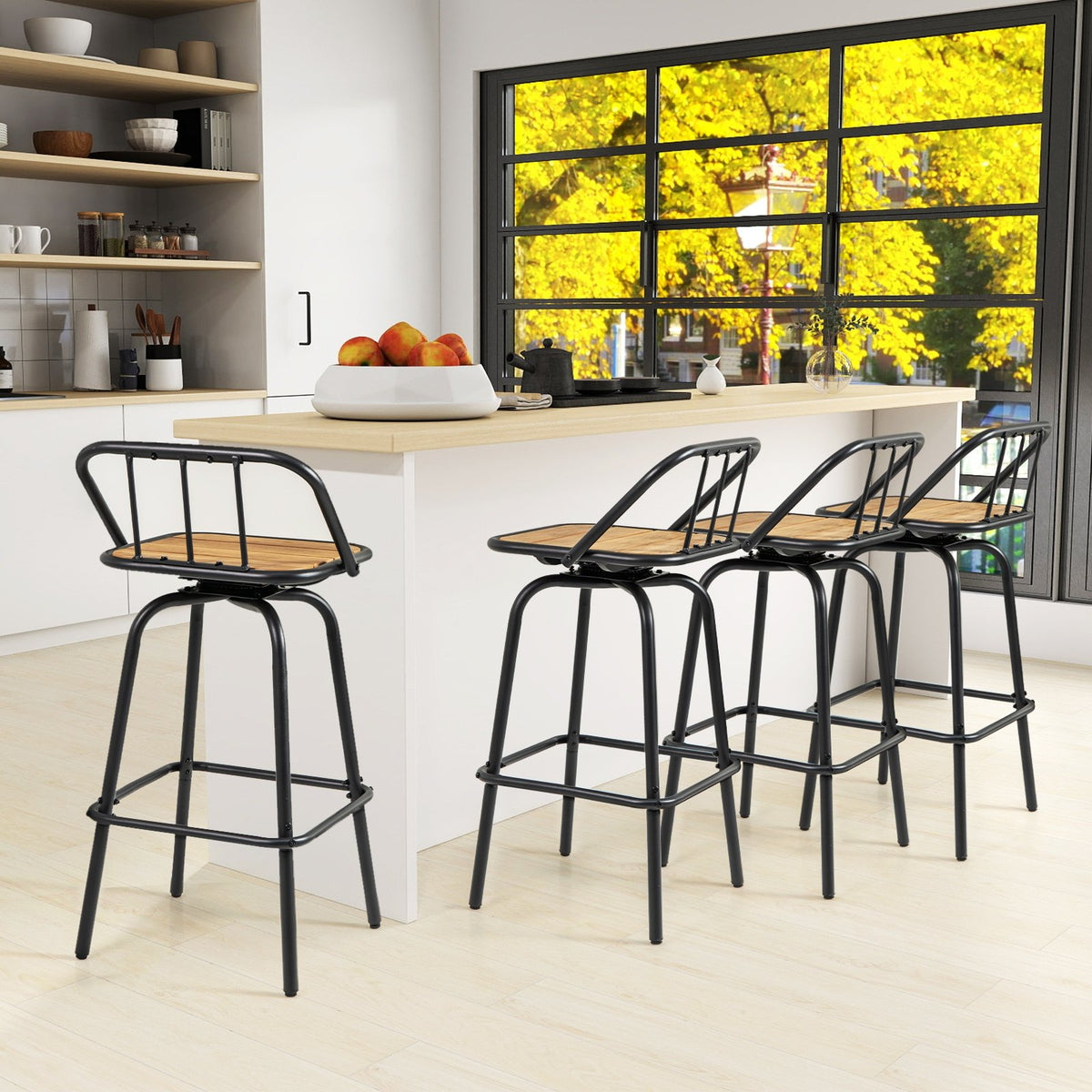 360° Swivel Bar Stool Set of 2 with Footrest and Backrest-Balck & Natural view 5