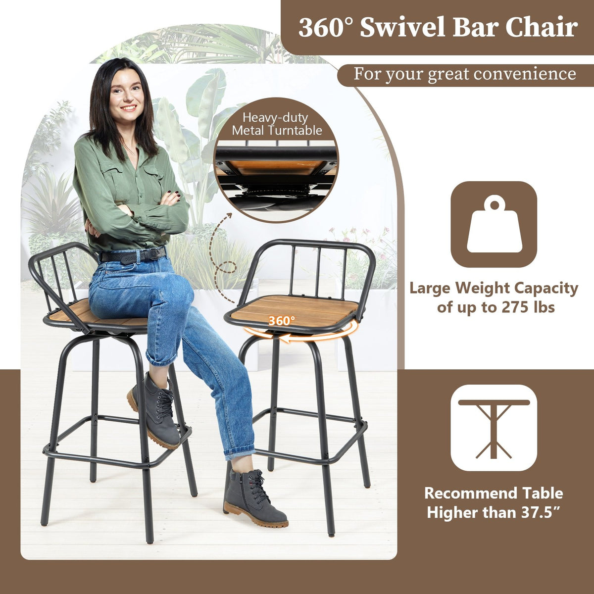 360° Swivel Bar Stool Set of 2 with Footrest and Backrest-Balck & Natural view 7