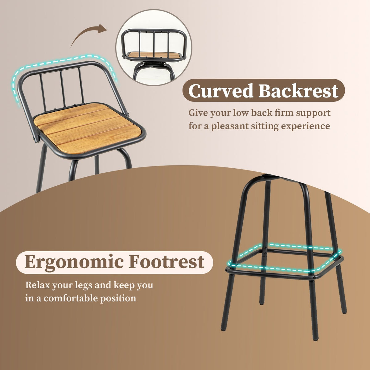 360° Swivel Bar Stool Set of 2 with Footrest and Backrest-Balck & Natural view 8