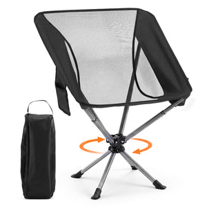 360° Swivel Camping Chair with Cup Holder and Side Pocket for Beach Support 300 LBS-Black