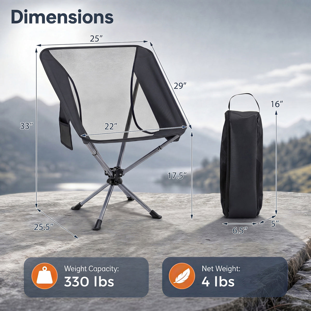 360° Swivel Camping Chair with Cup Holder and Side Pocket for Beach Support 300 LBS-Black view 4