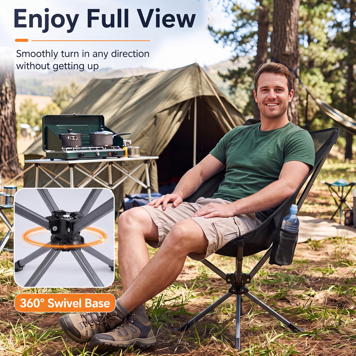 360° Swivel Camping Chair with Cup Holder and Side Pocket for Beach Support 300 LBS-Black view 5
