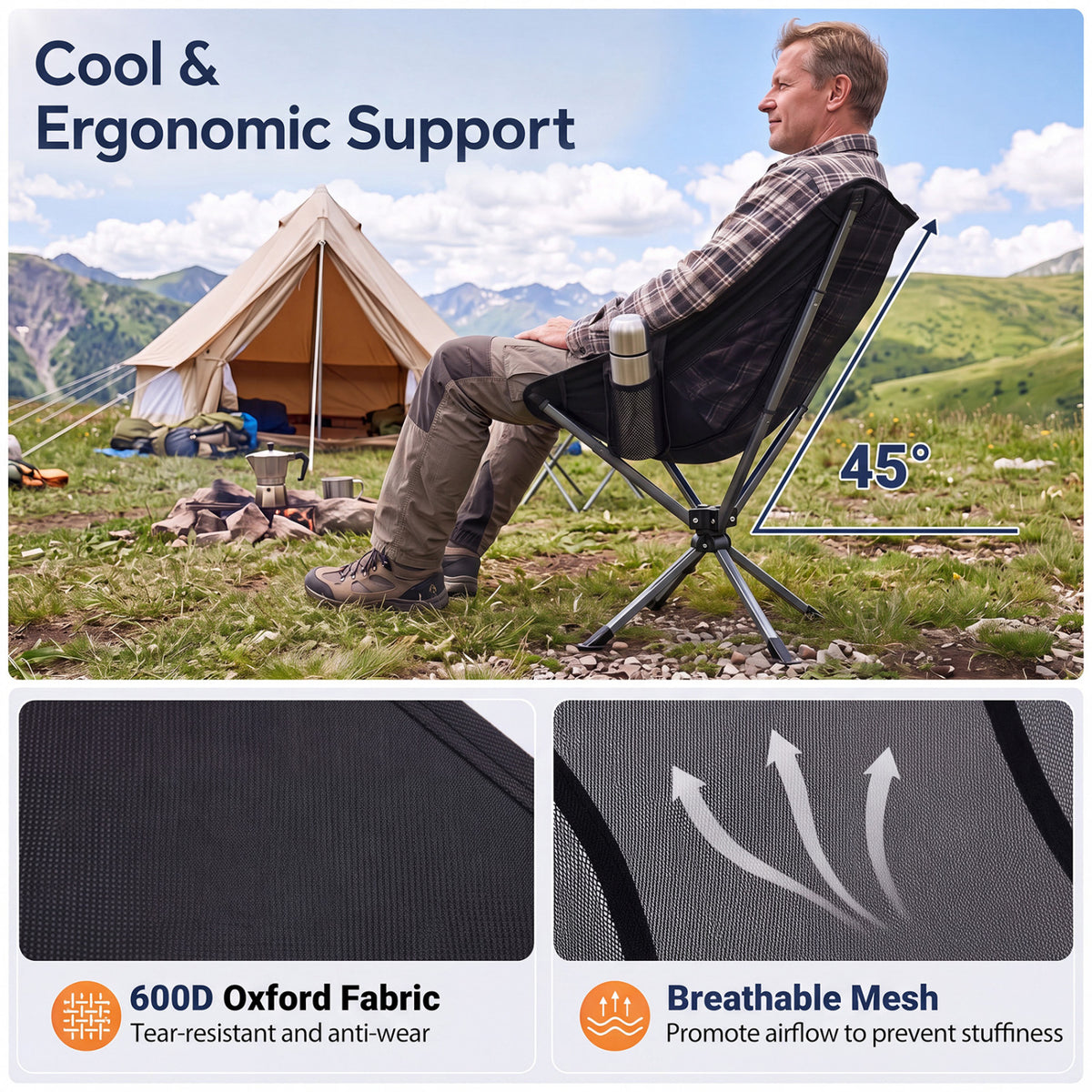 360° Swivel Camping Chair with Cup Holder and Side Pocket for Beach Support 300 LBS-Black view 6