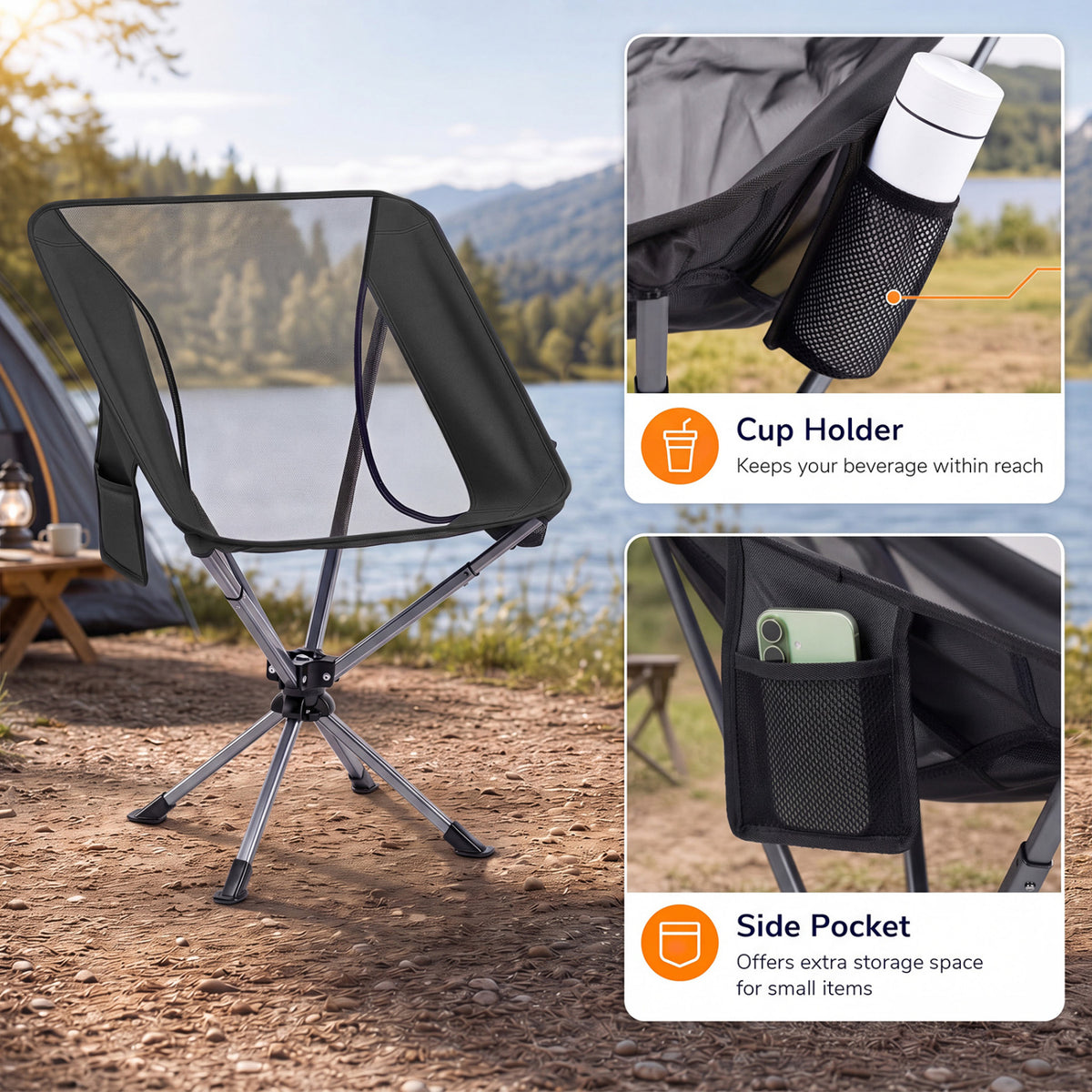 360° Swivel Camping Chair with Cup Holder and Side Pocket for Beach Support 300 LBS-Black view 7