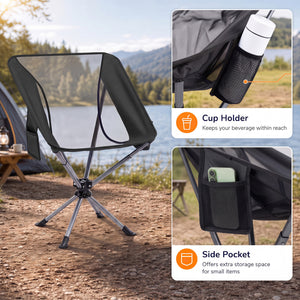 360° Swivel Camping Chair with Cup Holder and Side Pocket for Beach Support 300 LBS-Black view 7