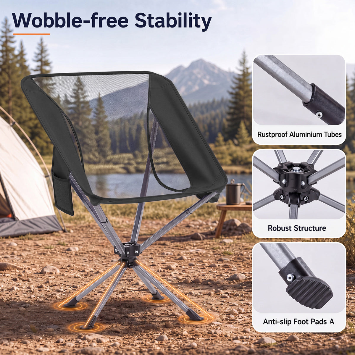 360° Swivel Camping Chair with Cup Holder and Side Pocket for Beach Support 300 LBS-Black view 9