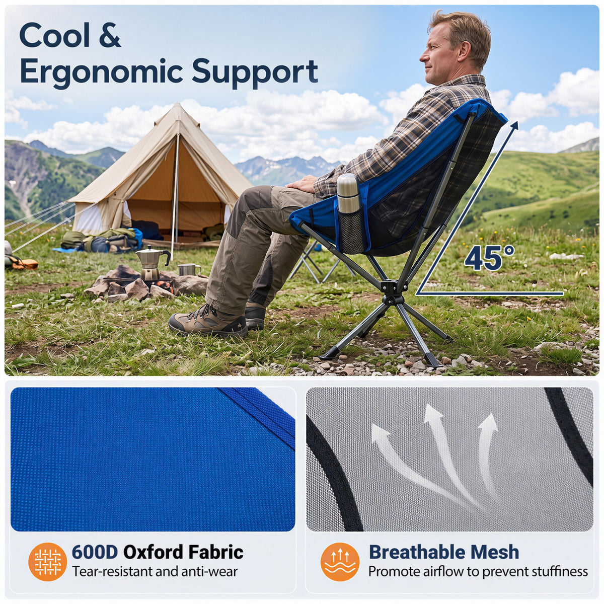 360° Swivel Camping Chair with Cup Holder and Side Pocket for Beach Support 300 LBS-Blue view 6