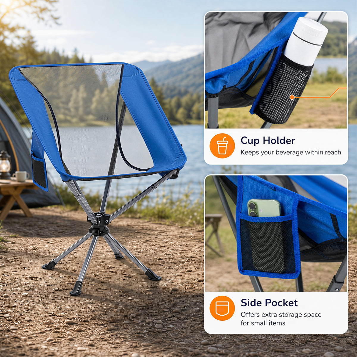 360° Swivel Camping Chair with Cup Holder and Side Pocket for Beach Support 300 LBS-Blue view 7