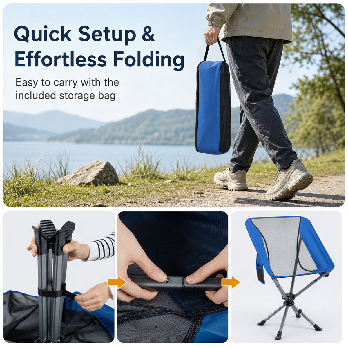 360° Swivel Camping Chair with Cup Holder and Side Pocket for Beach Support 300 LBS-Blue view 8