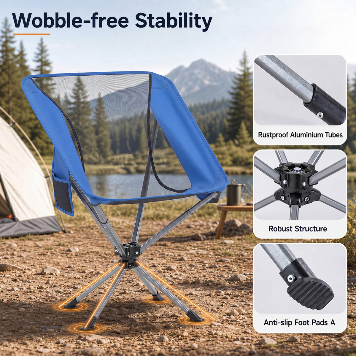 360° Swivel Camping Chair with Cup Holder and Side Pocket for Beach Support 300 LBS-Blue view 9