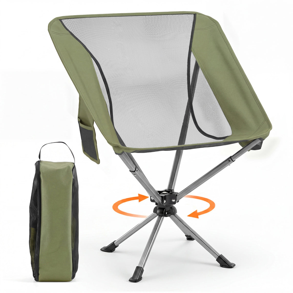 360° Swivel Camping Chair with Cup Holder and Side Pocket for Beach Support 300 LBS-Green