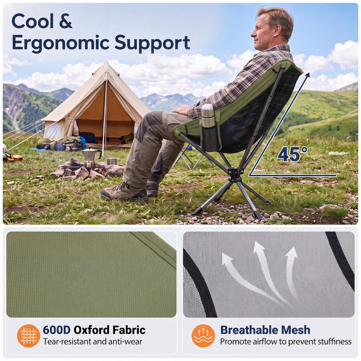 360° Swivel Camping Chair with Cup Holder and Side Pocket for Beach Support 300 LBS-Green view 6
