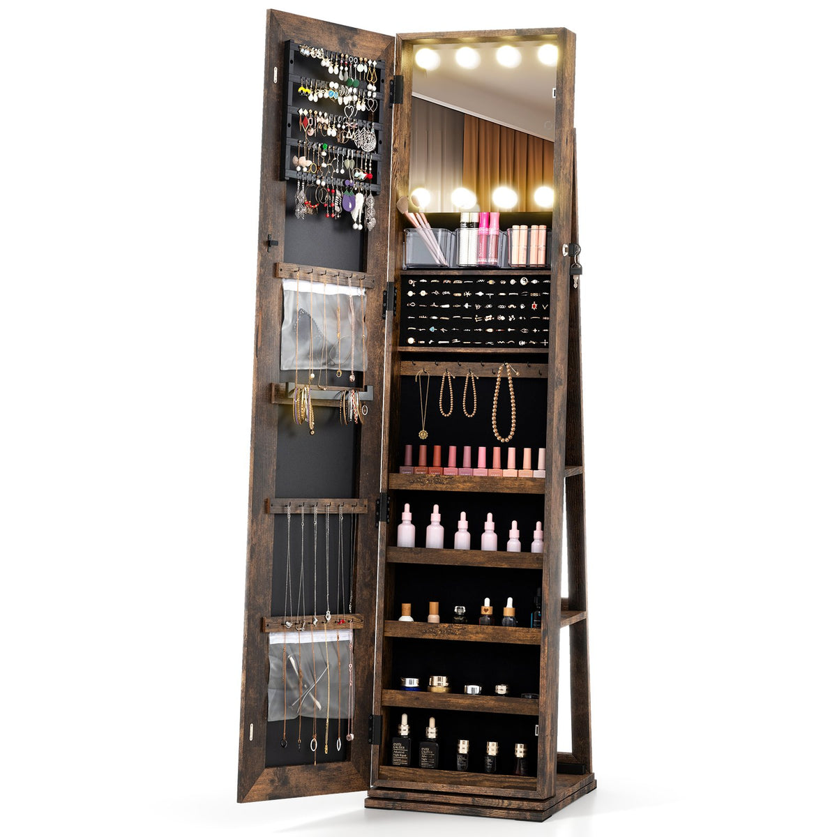 360° Swivel Freestanding Jewelry Cabinet with Lighted Full Length Mirror-Rustic Brown