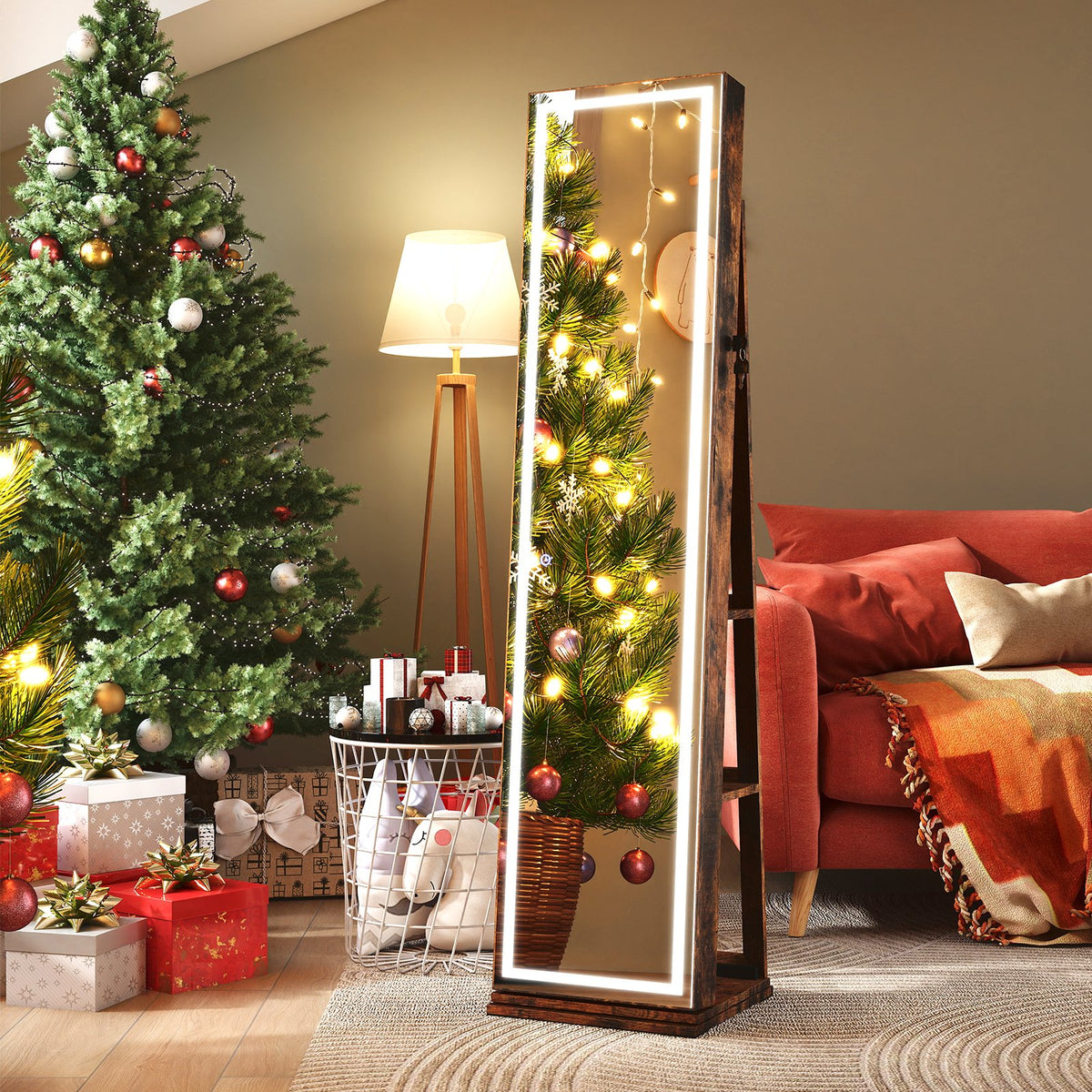 360° Swivel Freestanding Jewelry Cabinet with Lighted Full Length Mirror-Rustic Brown view 2