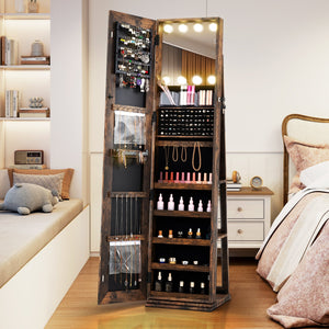 360° Swivel Freestanding Jewelry Cabinet with Lighted Full Length Mirror-Rustic Brown view 3