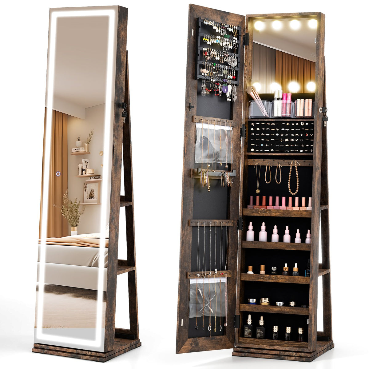 360° Swivel Freestanding Jewelry Cabinet with Lighted Full Length Mirror-Rustic Brown view 4