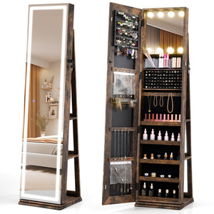 360° Swivel Freestanding Jewelry Cabinet with Lighted Full Length Mirror-Rustic Brown view 4