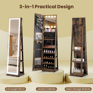 360° Swivel Freestanding Jewelry Cabinet with Lighted Full Length Mirror-Rustic Brown view 7