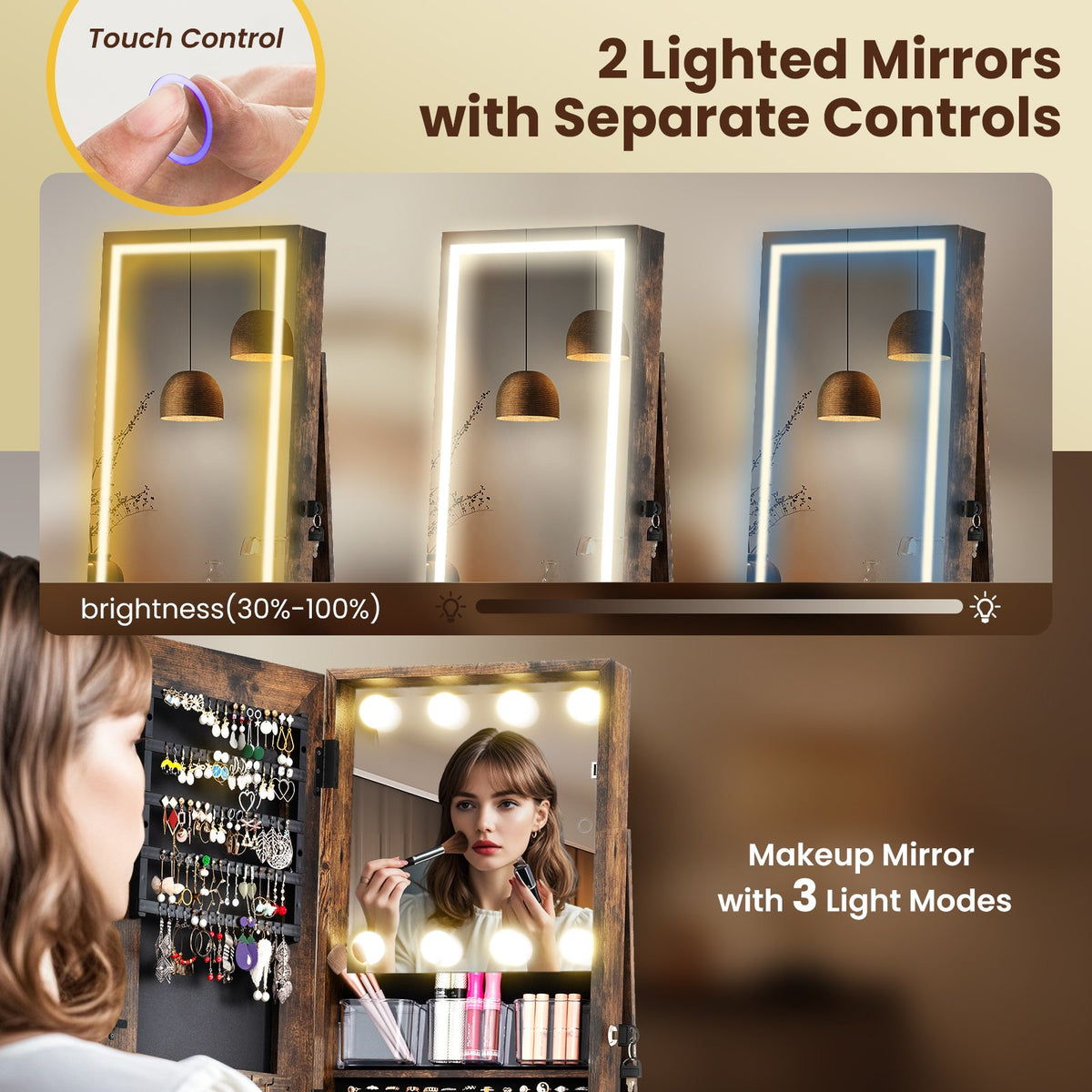 360° Swivel Freestanding Jewelry Cabinet with Lighted Full Length Mirror-Rustic Brown view 9