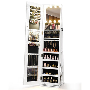 360° Swivel Freestanding Jewelry Cabinet with Lighted Full Length Mirror-White