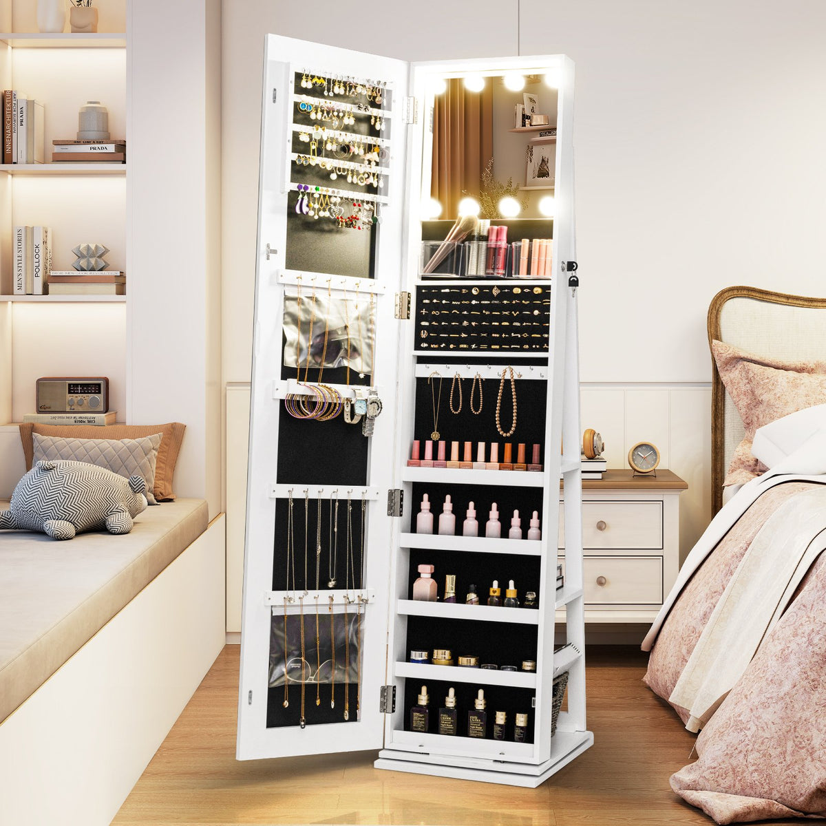 360° Swivel Freestanding Jewelry Cabinet with Lighted Full Length Mirror-White view 3