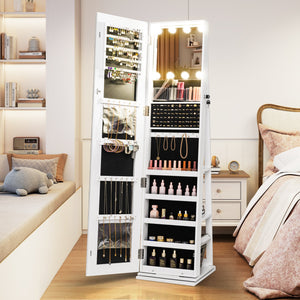 360° Swivel Freestanding Jewelry Cabinet with Lighted Full Length Mirror-White view 3