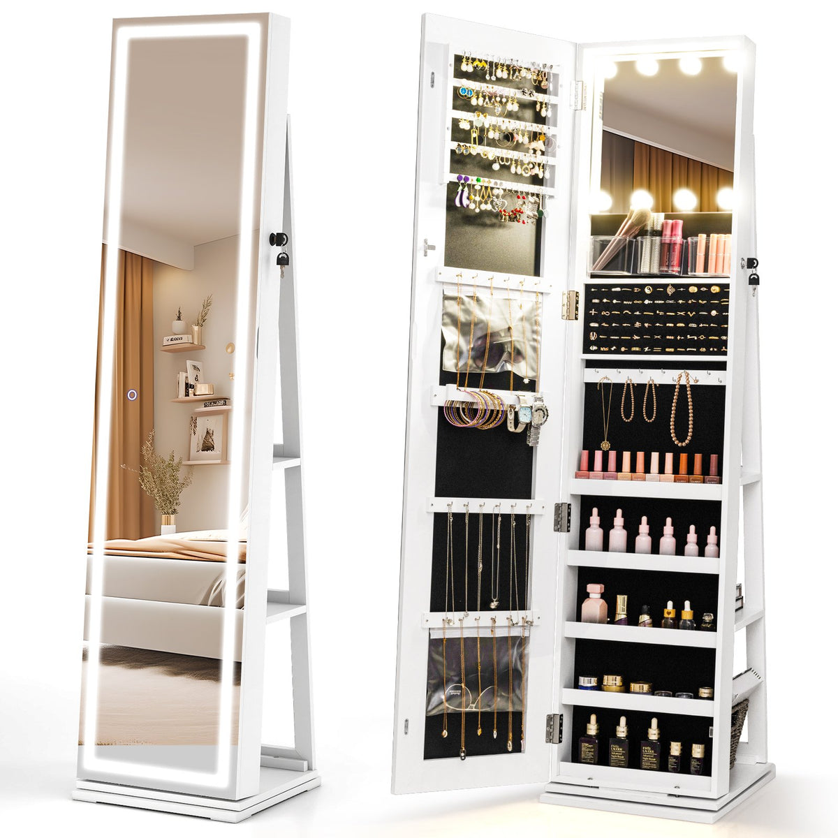 360° Swivel Freestanding Jewelry Cabinet with Lighted Full Length Mirror-White view 4