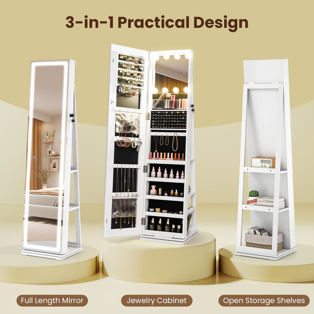 360° Swivel Freestanding Jewelry Cabinet with Lighted Full Length Mirror-White view 7