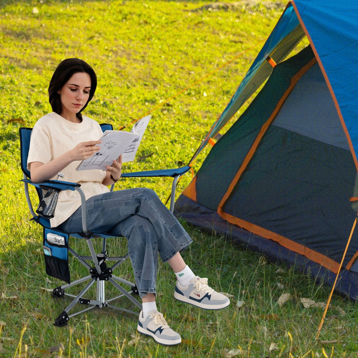 360° Swivel Hunting Chair Portable Foldable Hunting Chair with Mesh Cup Holder and Storage Pockets-Blue view 2