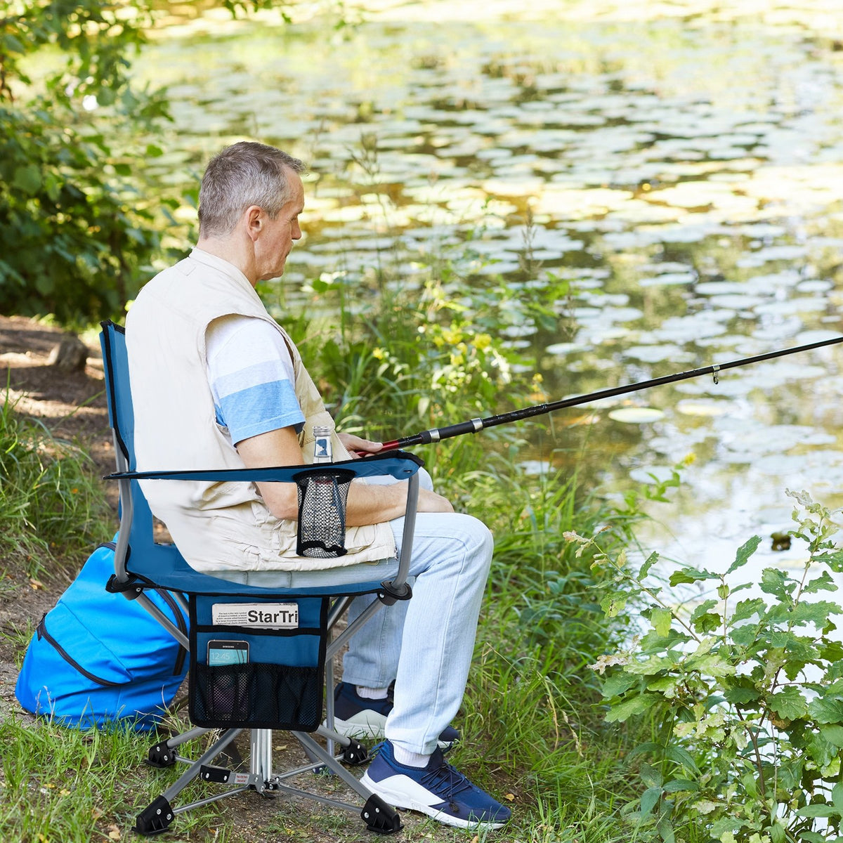 360° Swivel Hunting Chair Portable Foldable Hunting Chair with Mesh Cup Holder and Storage Pockets-Blue view 3