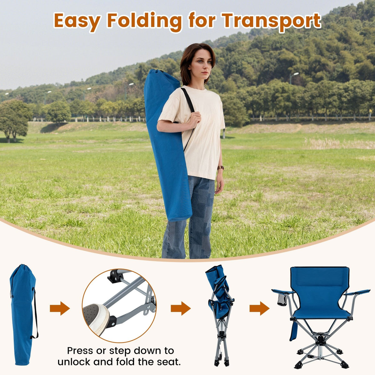 360° Swivel Hunting Chair Portable Foldable Hunting Chair with Mesh Cup Holder and Storage Pockets-Blue view 8