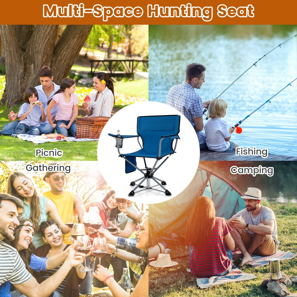 360° Swivel Hunting Chair Portable Foldable Hunting Chair with Mesh Cup Holder and Storage Pockets-Blue view 9