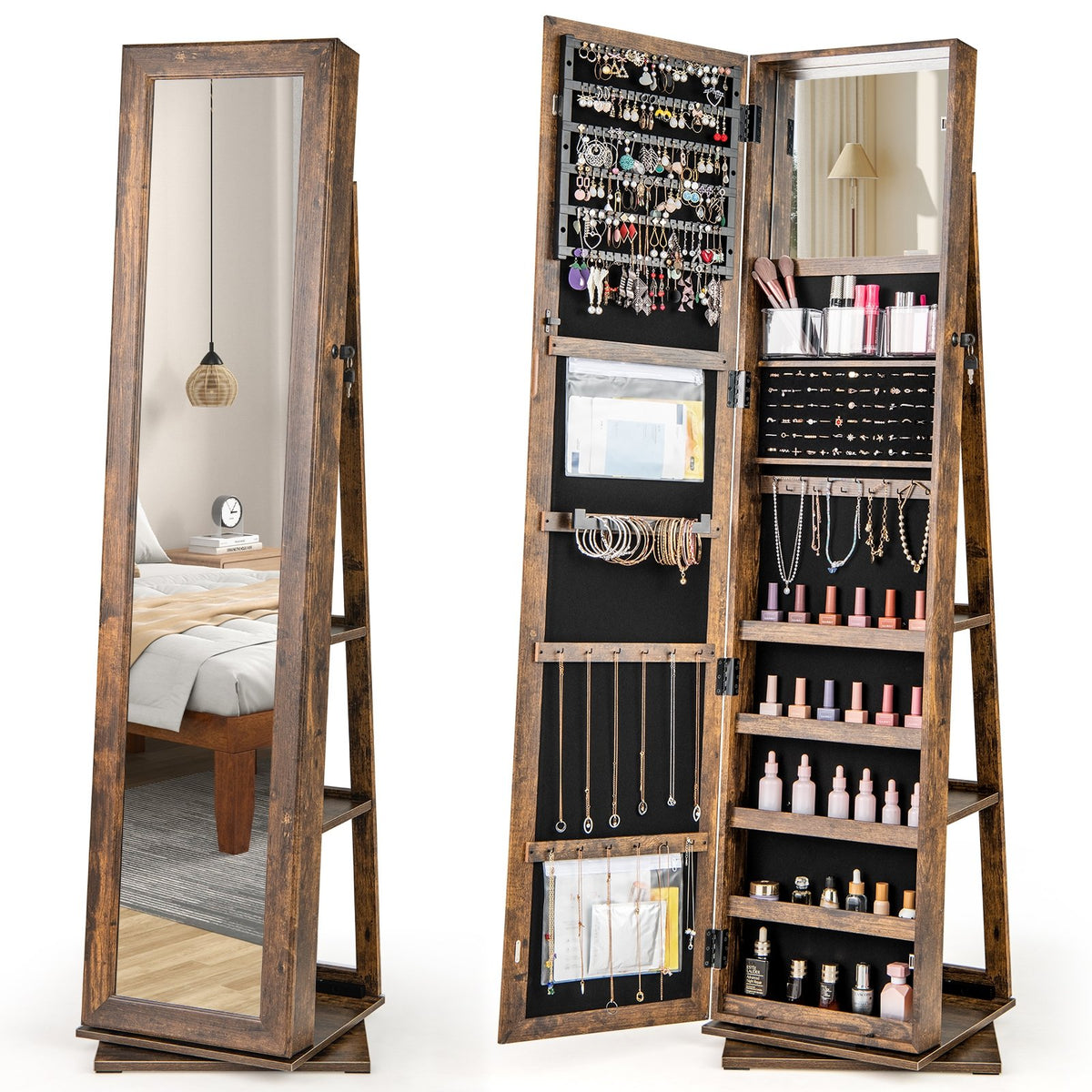 360° Swivel Jewelry Armoire Standing Jewelry Organizer with Full Length Mirror and Back Shelves-Rustic Brown
