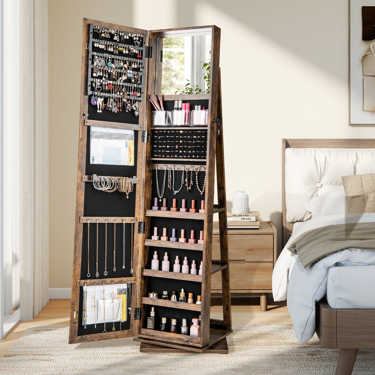 360° Swivel Jewelry Armoire Standing Jewelry Organizer with Full Length Mirror and Back Shelves-Rustic Brown view 2