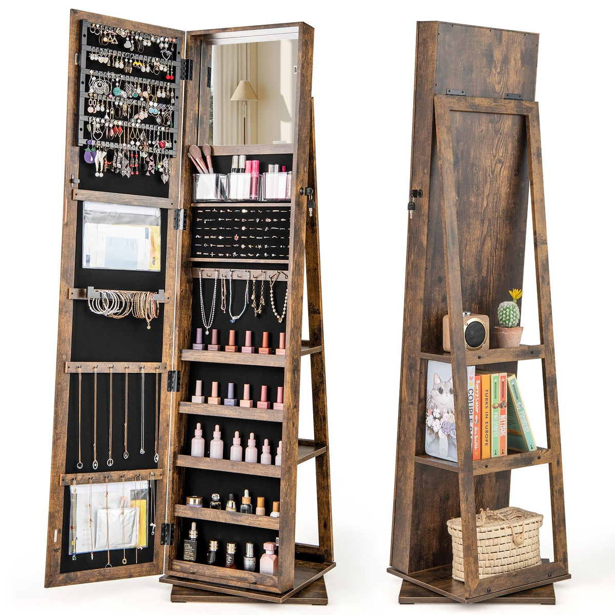 360° Swivel Jewelry Armoire Standing Jewelry Organizer with Full Length Mirror and Back Shelves-Rustic Brown view 4