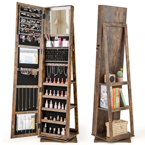 360° Swivel Jewelry Armoire Standing Jewelry Organizer with Full Length Mirror and Back Shelves-Rustic Brown view 4