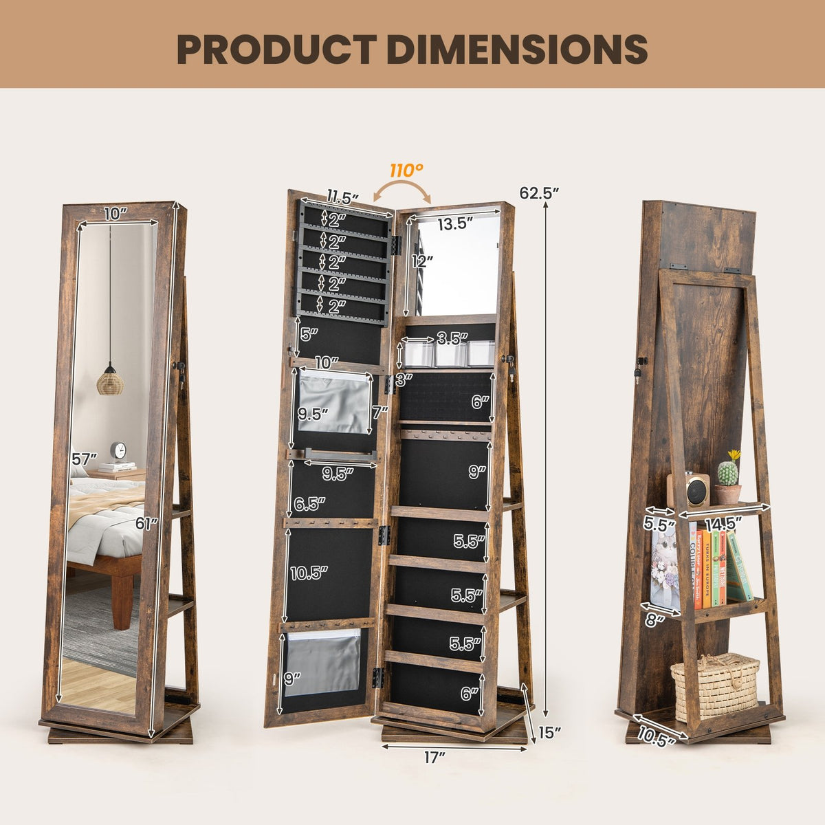 360° Swivel Jewelry Armoire Standing Jewelry Organizer with Full Length Mirror and Back Shelves-Rustic Brown view 5