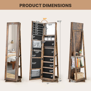 360° Swivel Jewelry Armoire Standing Jewelry Organizer with Full Length Mirror and Back Shelves-Rustic Brown view 5
